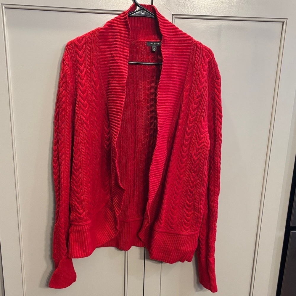 Talbots Garnet Red Cable Knit Open Front Cardigan Sweater XL